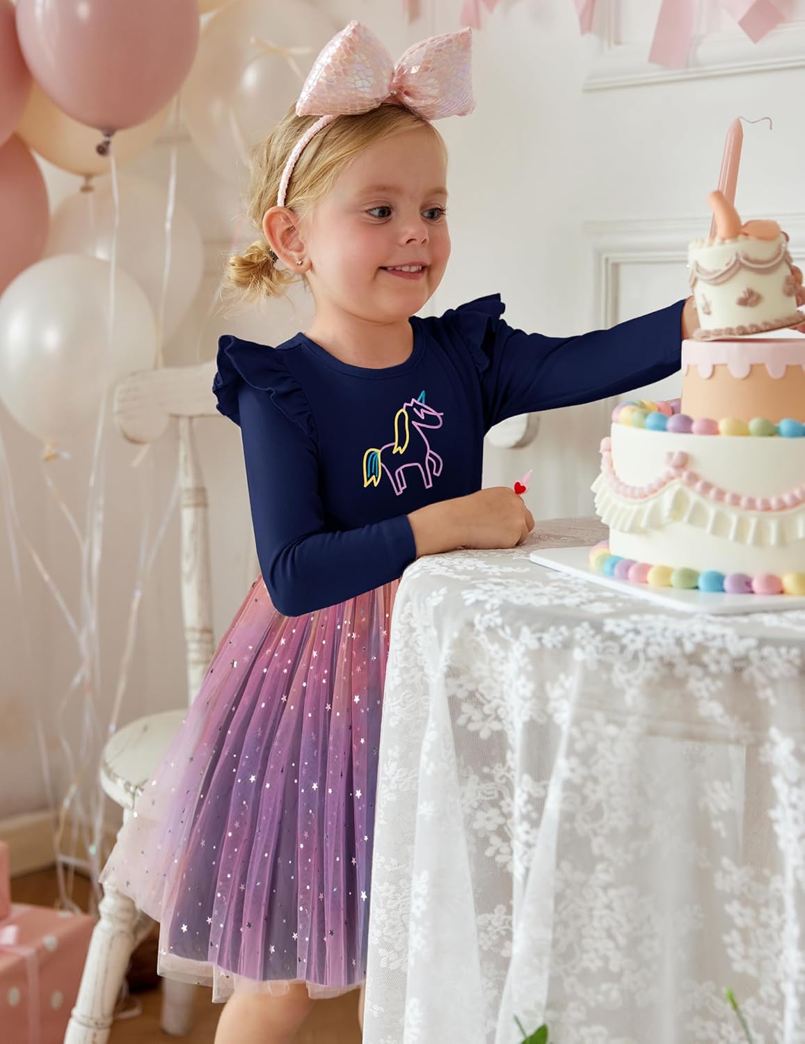 Arshiner Toddler Girls Tutu Dresses Long Sleeve Ruffle Fall Winter Holiday Star Sequin Tulle Dress 2-6Y - Image 4