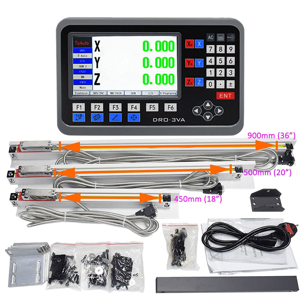 Kit d’affichage numérique 3 axes DRO Avec 3 axes linéaires 18" 20" 36" - Balance linéaire Fraiseuse (course efficace : 450 mm + 500 mm + 900 mm)