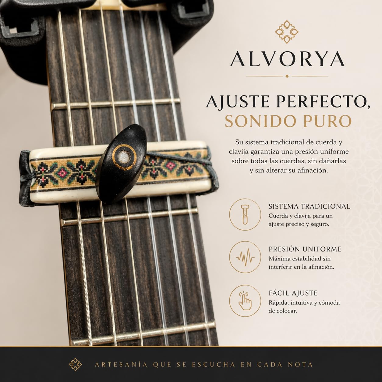 Cejilla Artesanal de Hueso Natural y Ébano para Guitarra Flamenca y Clásica | Modelo ALVORYA | Hecha a Mano en España | Diseño Exclusivo Inspirado en Al-Yazira