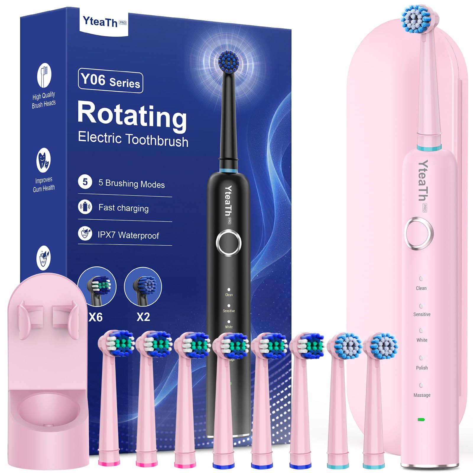 Rotating Electric Toothbrush with 8 Brush Heads (2 Types) for Adults and Kids, 60-Day Battery Life, Wireless Wall Charging Station, 5 Modes Power Toothbrush with Travel Case