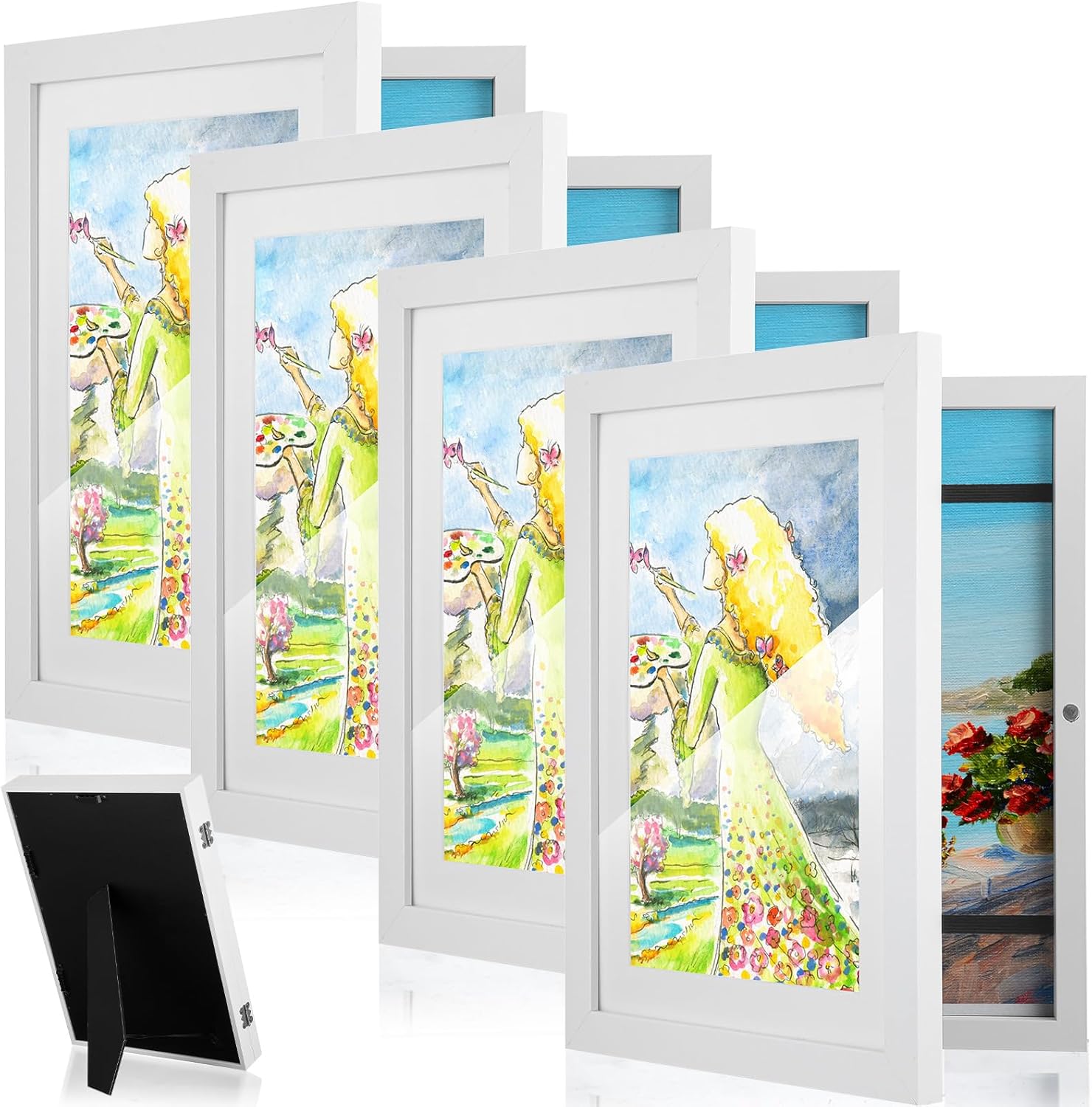 4 Pcs Kids Artwork Frames 13'' x 9.5'' Front Opening Frames Holds 11.8'' x 8.3'' Artworks Changeable Art Frame Display A4 Artwork Frames Hanging Wall Decor for Drawing Crafting Storage (White)