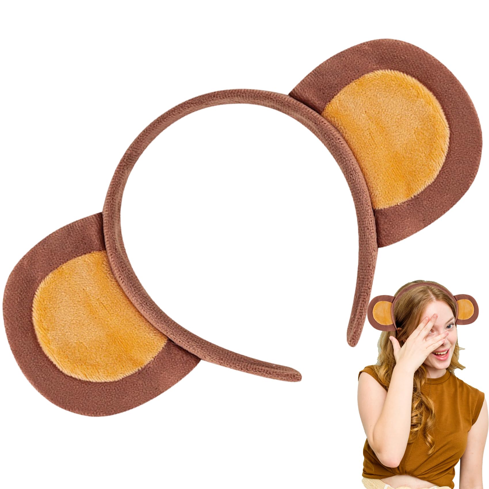KHC-KHF Monkey-Ears-Headband Halloween-Headband Plush Monkey Hairband Brown Fluffy Animal Headwear for Party Cosplay Makeup Costume Birthday Christmas Kids Adult