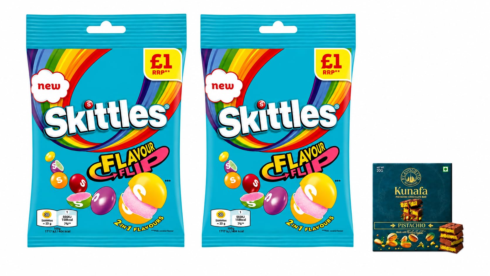Skittles Flavour Flip Sweets 2 in 1 Flavours, (Pack of 2) 109g Each With Free Flavourito Kunafa Pistachio Chocolate Bar, 20g By Decadent Foods (Imported UK)-image-2