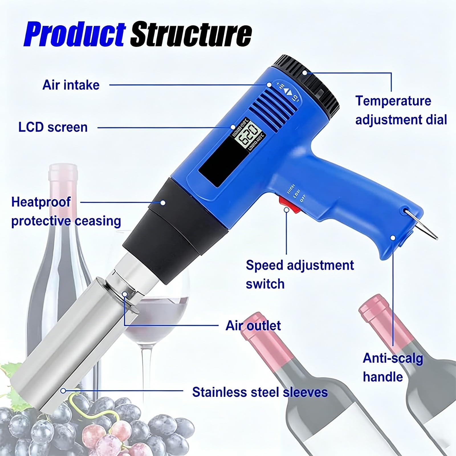 Urządzenie Do Obkurczania Kapsli Pvc, Zgrzewarka Do Butelek Wina 5 Cm Z Wyświetlaczem Lcd Temperatury I Regulacją W Zakresie 60–600 ℃, Ręczna Opalarka Do Kapsli Na Butelki Wina Do Folii Pvc, Pp I Pof