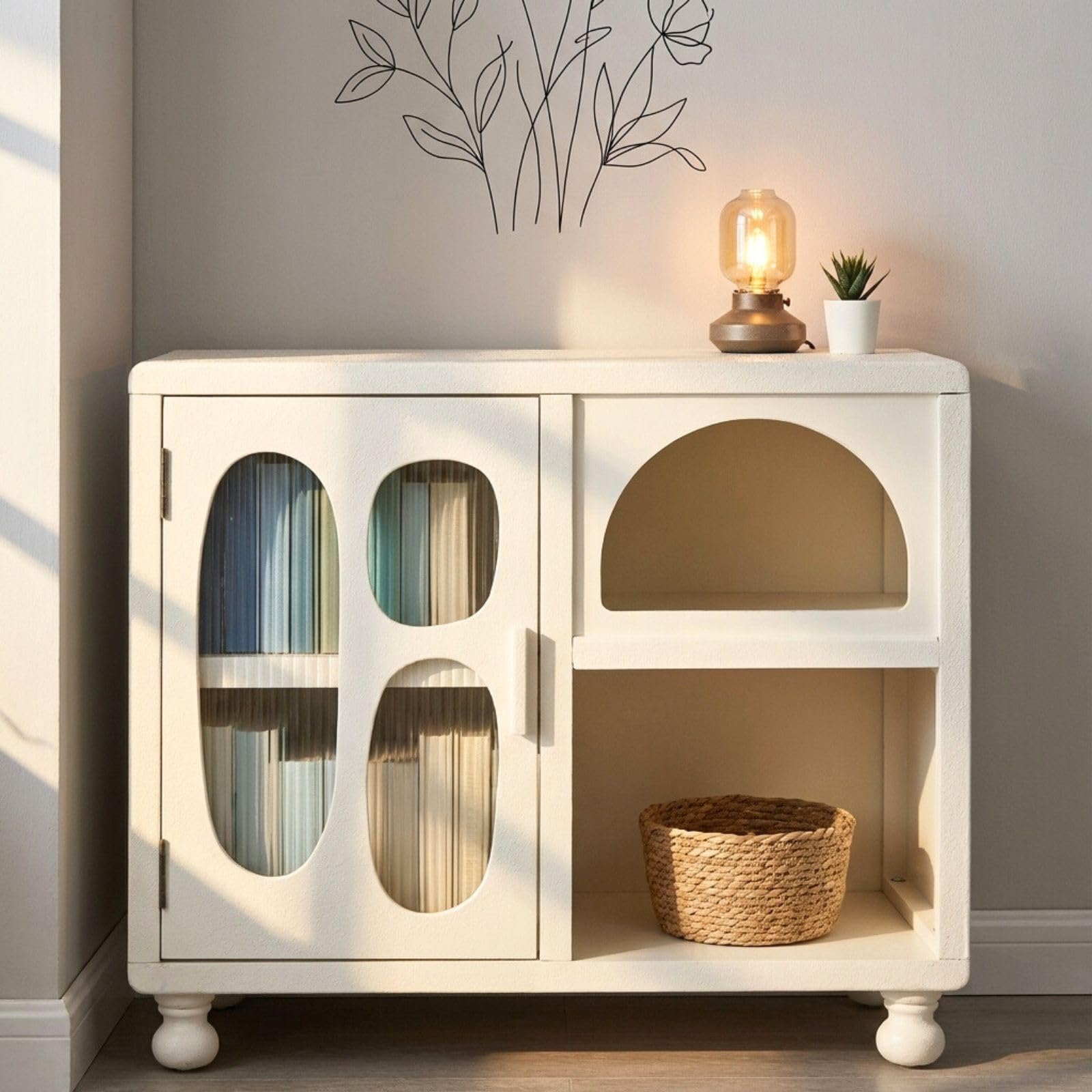 Ya-Home Meuble Bas de Rangement avec Compartiments Buffet Salle à Manger avec Porte en Verre Commode avec Pieds en Bois Massif, Blanc