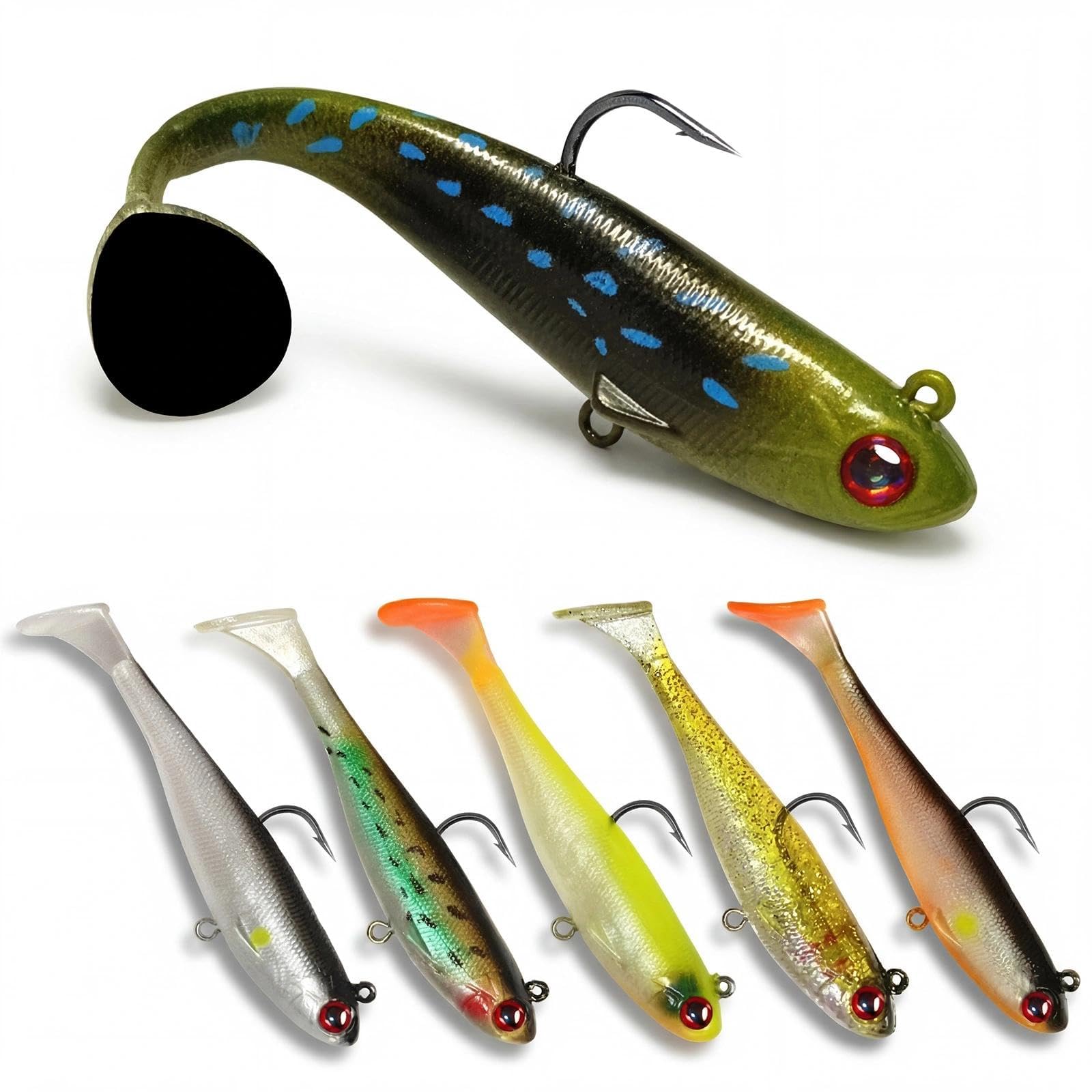 Zynaxir 6 Pcs Soft Fishing Lures with BKK Hooks – Easy Catch: Trembly Sinking for More Bites, Paddle Tail Swimbait for Carp, Trout, Pike, Bass - Ideal for Family Fishing (9cm)