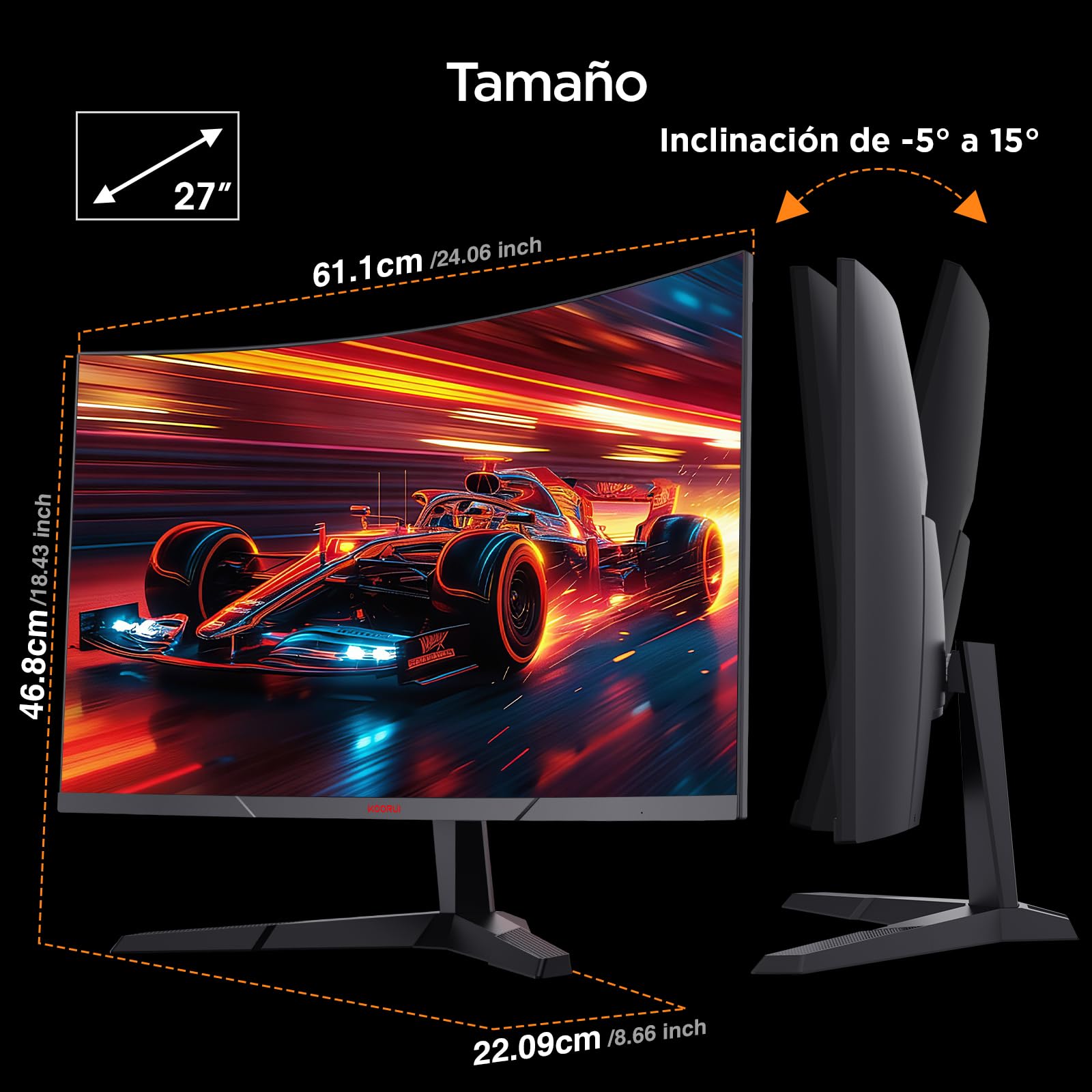 KOORUI Monitor Gaming 27 Pulgadas Curvo 180HZ QHD 1ms Adaptive Sync HDMI/DP | DCI-P3 90%, HDR10, Inclinación Ajustable, Eye Care, QHD 2560x1440, VESA 100x100mm, 1500R