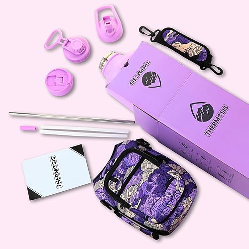 Miniatura 6 de THERMOSIS Botella de agua de 64 onzas con popote, botella de agua de medio galón, termo con apertura de boca ancha y 3 tapas. Incluye soporte para