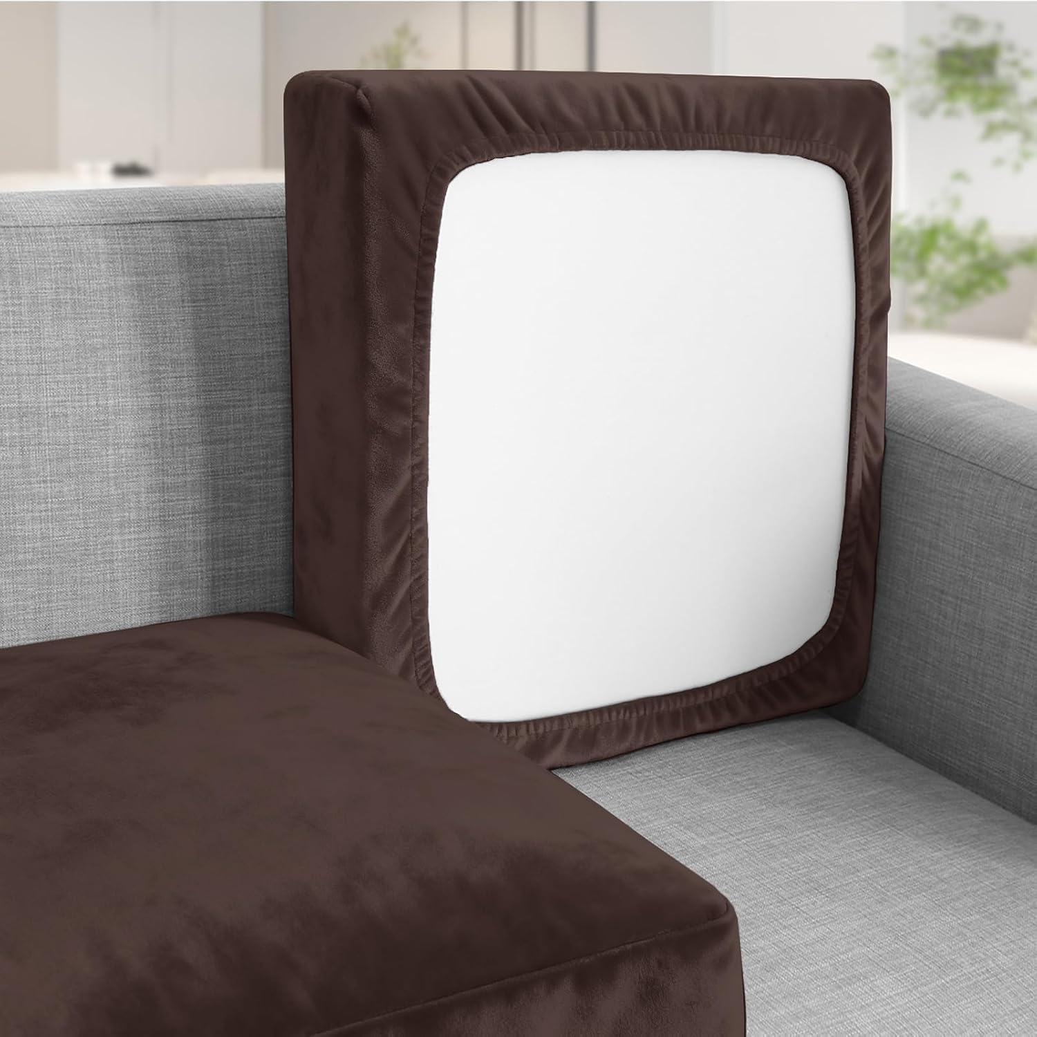 Teynewer Sofa Seat Cushion Cover, Sofa Cushion Slipcovers Stretch Velvet, Universal Non-Slip Couch Cushion Covers Replacement for Individual Cushion with Elastic Bottom (Chaise Cover, Chocolate)