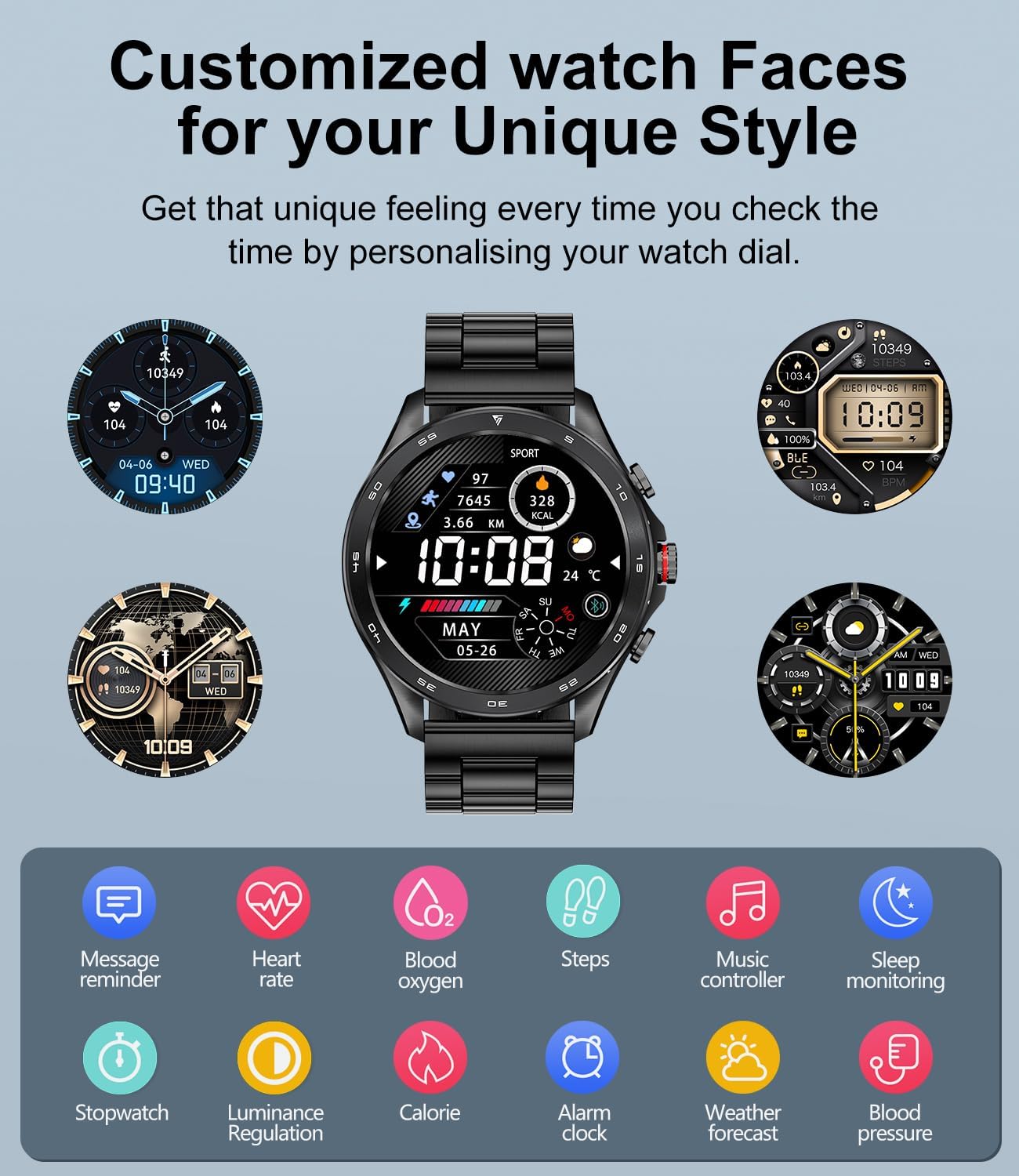 LIGE Smartwatch displaying various customized watch faces and icons for different features like message reminder, heart rate, blood oxygen, steps, music control, sleep monitoring, stopwatch, luminance regulation, calorie, alarm clock, weather forecast, and blood pressure.