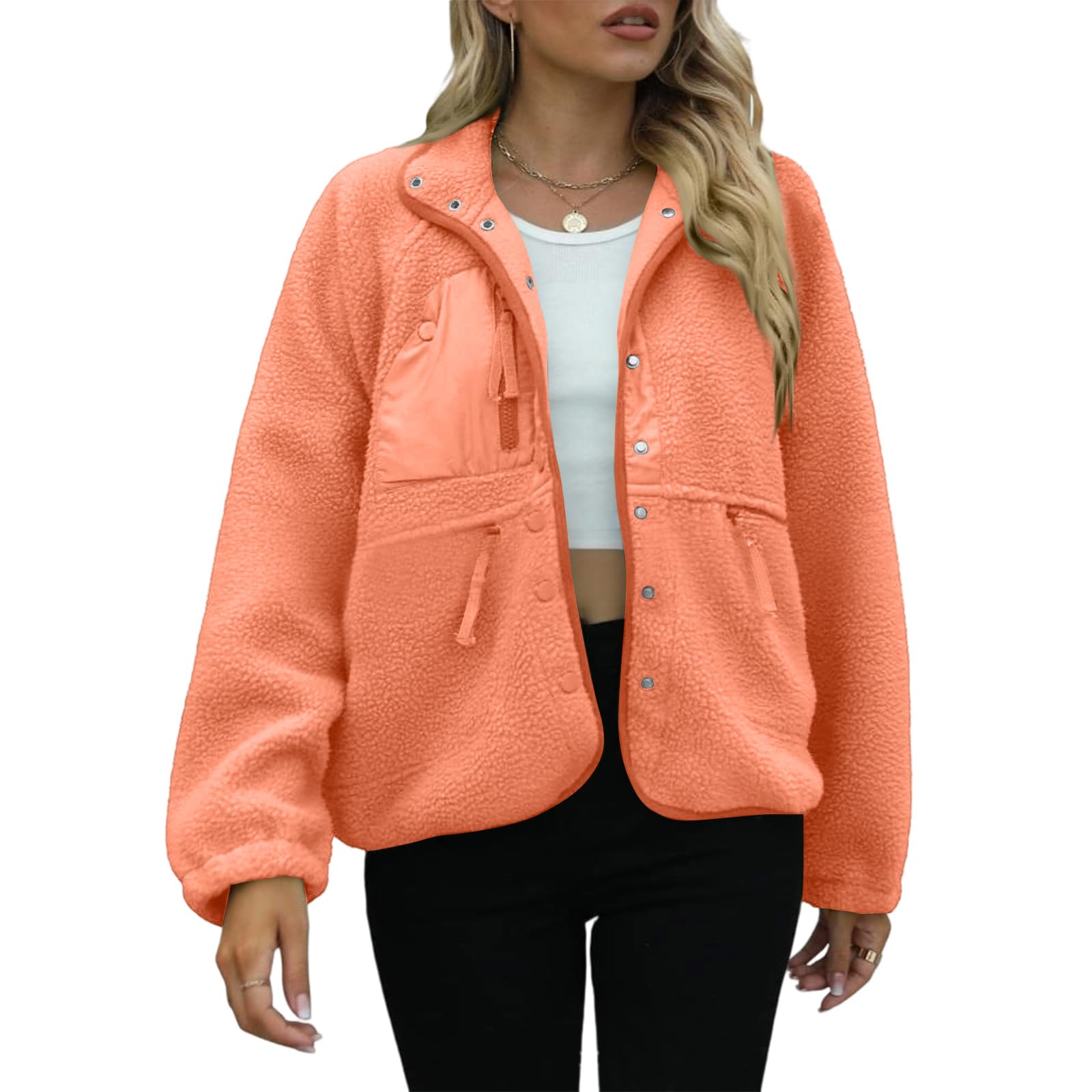 Générique Veste Polaire Femme Hiver Épais Manteau Teddy Boutons Chic Blouson Sherpa Chaude avec Poches Col Revers Manches Longues Outwear Épais Anti-Froid Douillet