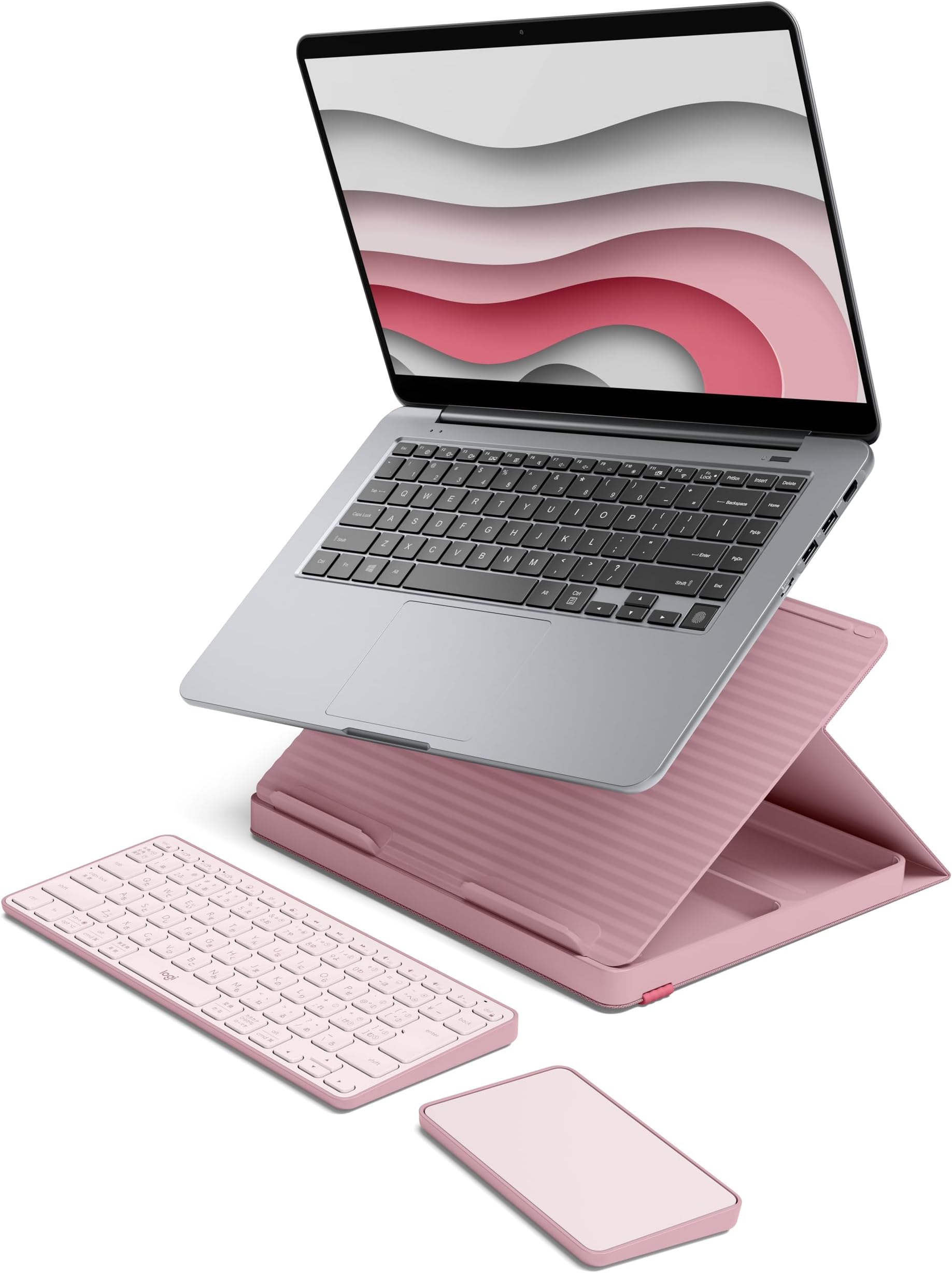 Logitech Casa Pop-Up Desk Work From Home Kit with Laptop Stand, Wireless Keyboard & Touchpad, Bluetooth, USB C Charging, for Laptop/MacBook (10โ to 17โ),Windows, macOS, ChromeOS - Bohemian Blush, Pink