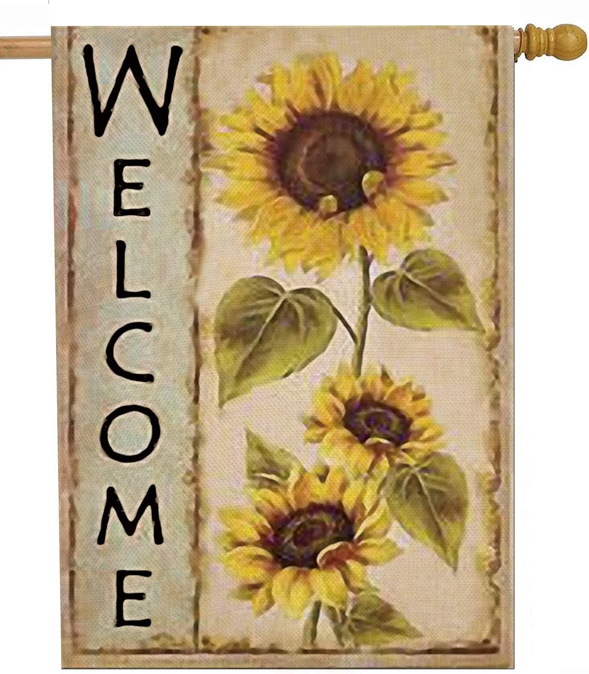 Selmad Welcome Sunflower 28 x 40 House Flag Farm Sunshine Flower Double Sided, Fall Floral Burlap Garden Yard Decoration, Autumn Seasonal Sweet Home Outdoor Vintage Décor Decorative Summer Large Flag