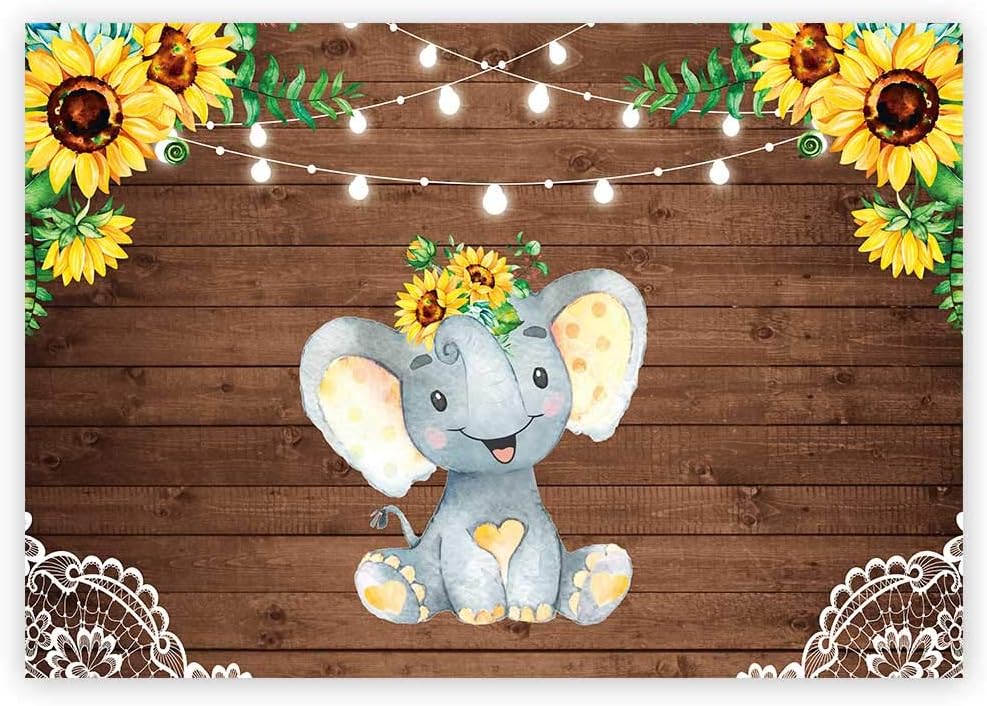 Funnytree 7x5ft Sunflower Elephant Party Backdrop Retro Rustic Wooden Floor Baby Shower Birthday Photography Background Yellow Flower Lace Vintage Board Banner Cake Table Decoration Photo Booth Props