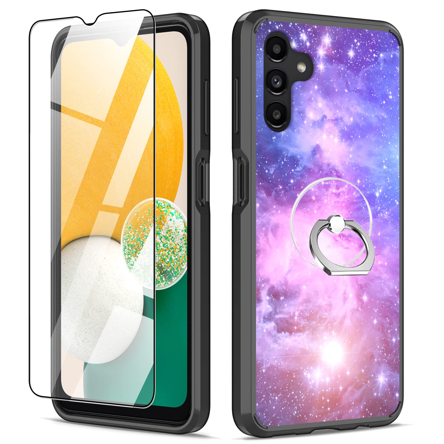 Voanice for Samsung Galaxy A13 5G Case with Tempered Glass Screen Protector,Purple Nebula Pattern Slim Fit Shockproof Protective for Girls Women Hard PC+Soft TPU with Ring Holder Kickstand Phone Cover