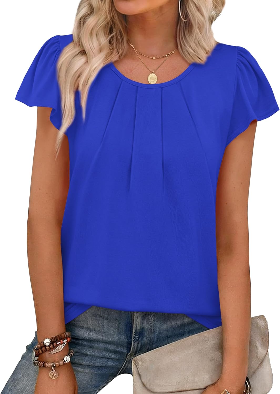 OFEEFAN Womens Summer Tops Ruffle Sleeve Pleated Front Blouses Business Casual Shirts for Women Fashion Clothes