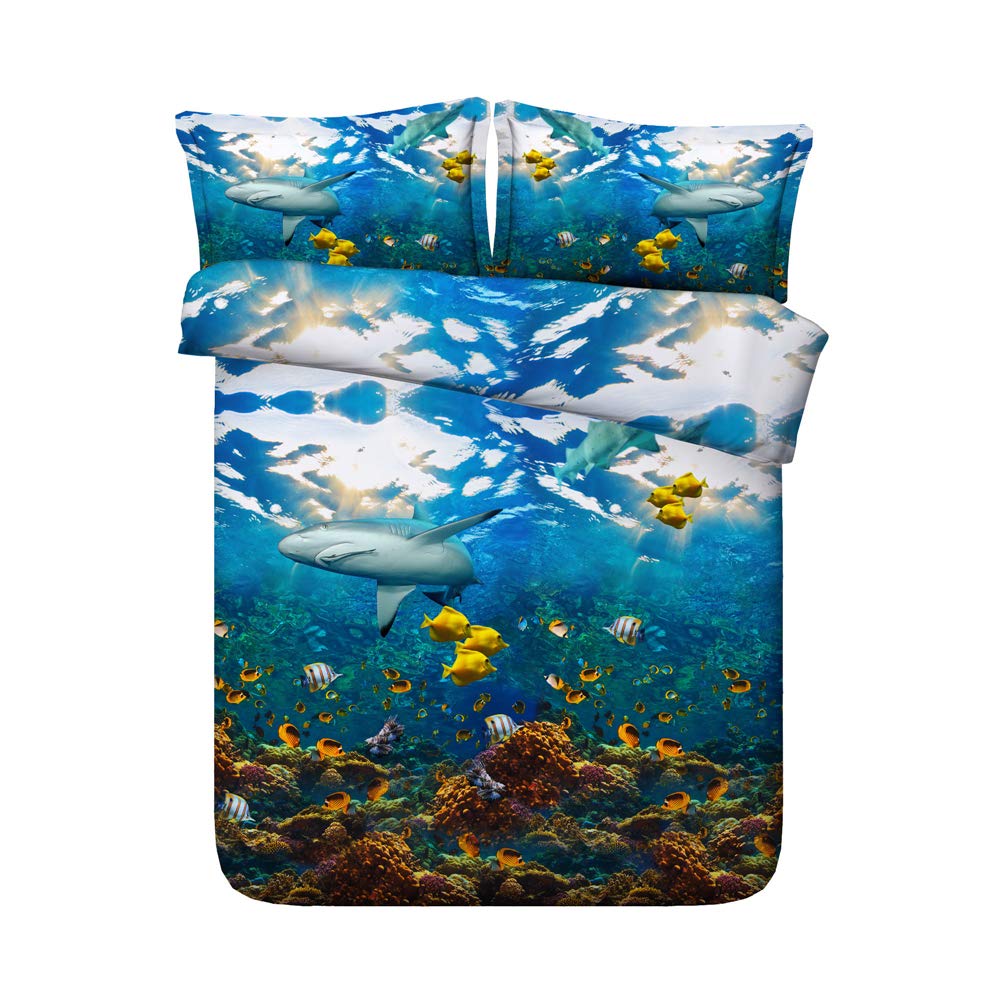 Meet 100% Algodón 400 Hilos Juego De Funda Nórdica Anti-ácaros Tiburón, Azul, Pez Coral Suave 3 Piezas(1 Funda Nórdica + 2 Fundas De Almohada 50x75cm) ((220x 240cm+2/75x50cm) - Cama de 150/160)