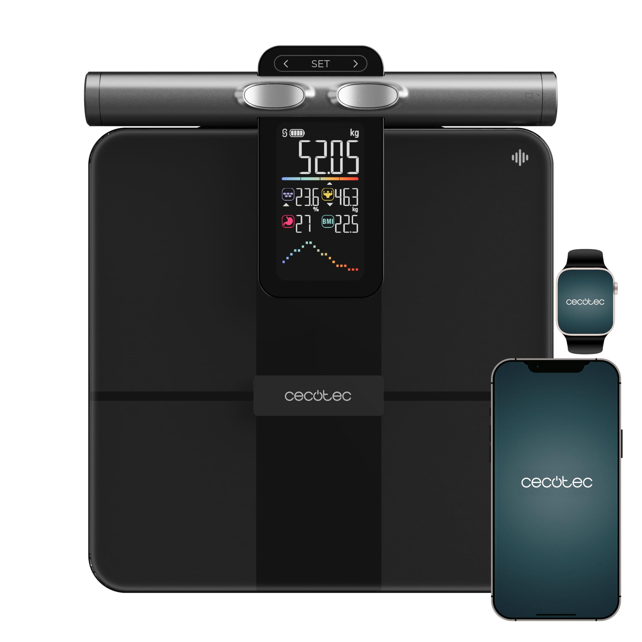Cecotec Inteligentna waga łazienkowa z aplikacją Surface Precision HealthySmart Pro Technologia BIA, 25 parametrów, wyświetlacz LCD, 8 czujników o wysokiej dokładności, 30 x 30 cm, maksymalna