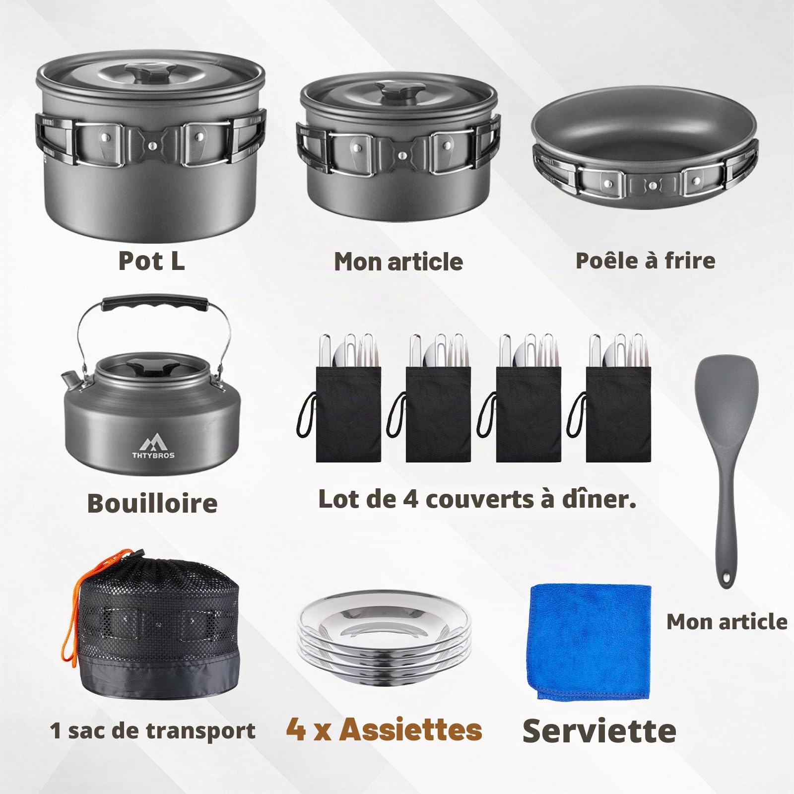 THTYBROS – Kit de Cuisine Camping 27 pièces Portable pour 2-4 Personnes, avec Bouilloire, casseroles Anti-adhésives et Accessoires INOX