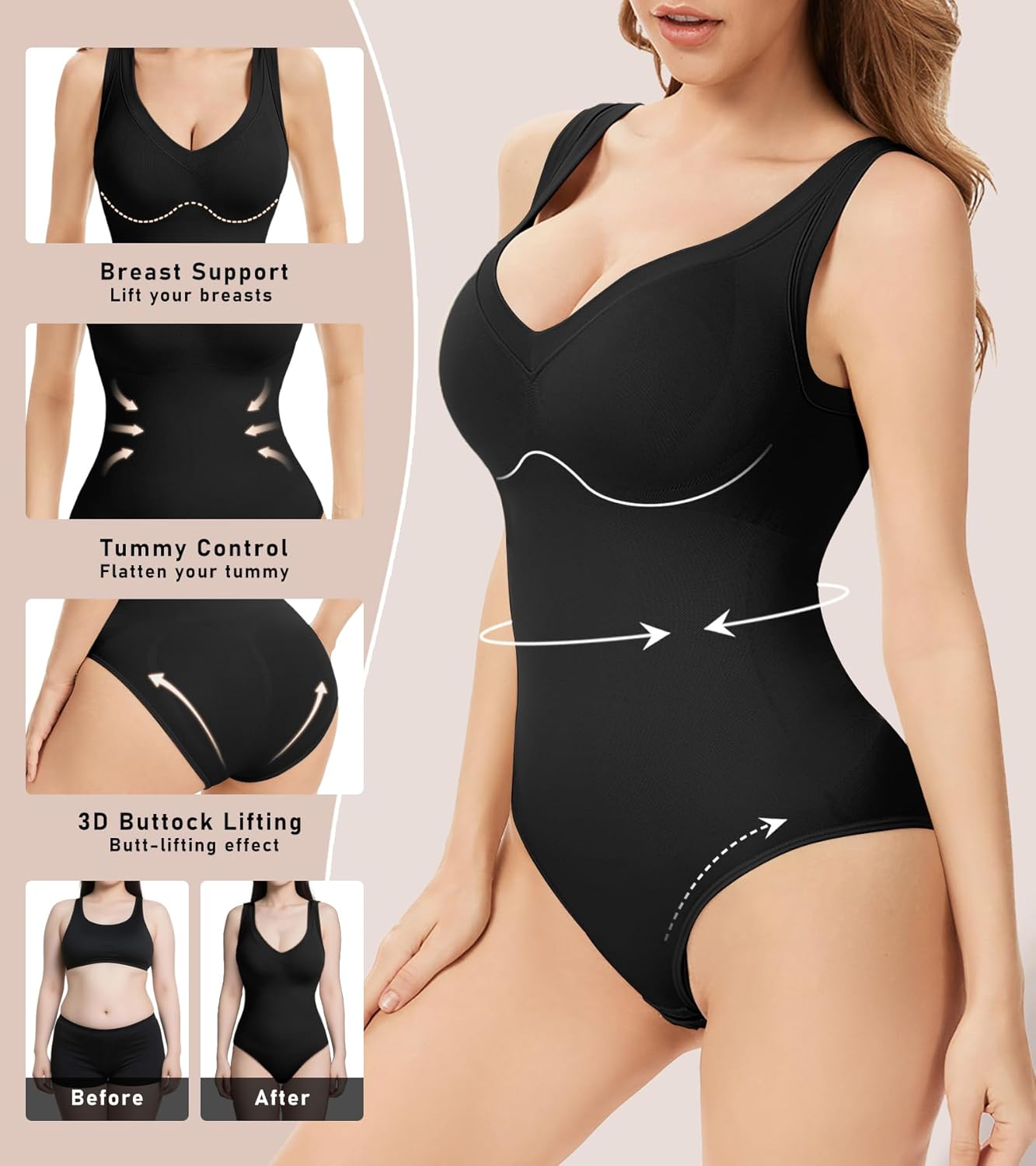 Bodysuits for Women Tummy Control Shapewear Seamless Body Suit Sexy V Neck Top Body Shaper - Image 3