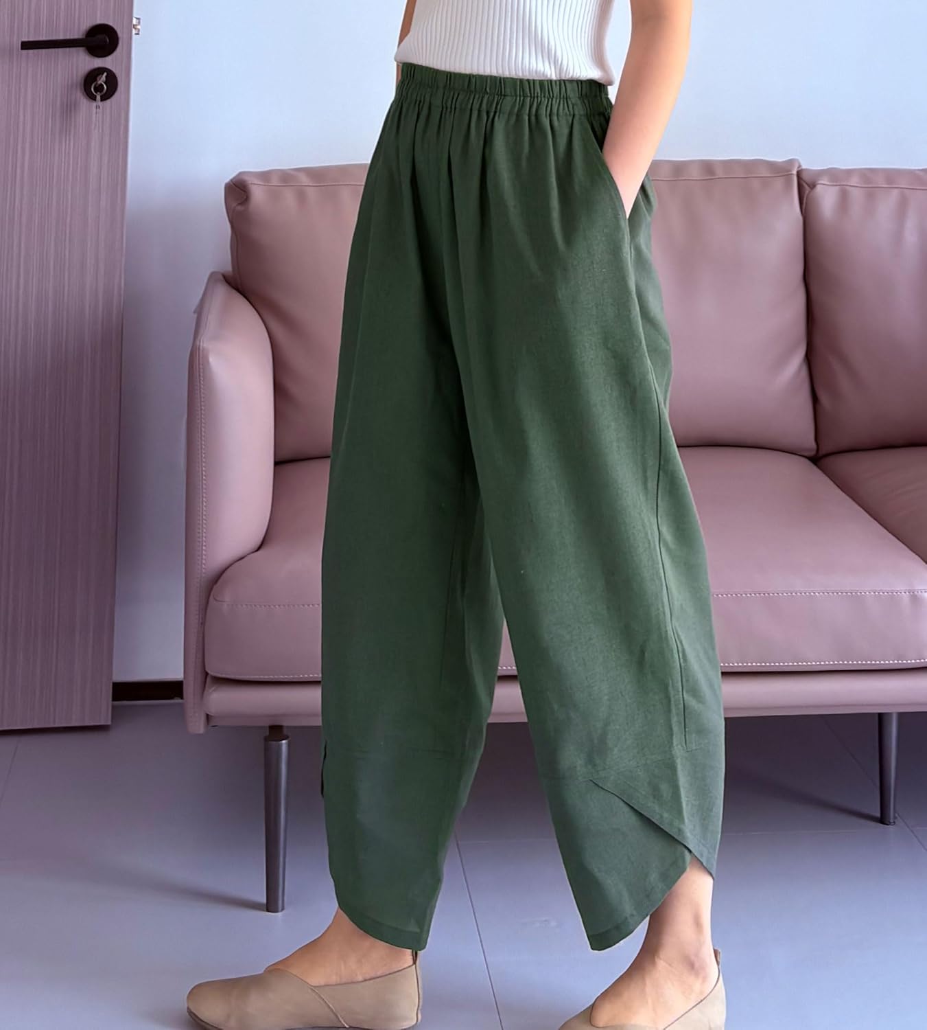 Minibee レディース バギーリネン ワイドレッグパンツ カジュアルパッチウォーク ゴムウエスト ハーレムパンツ