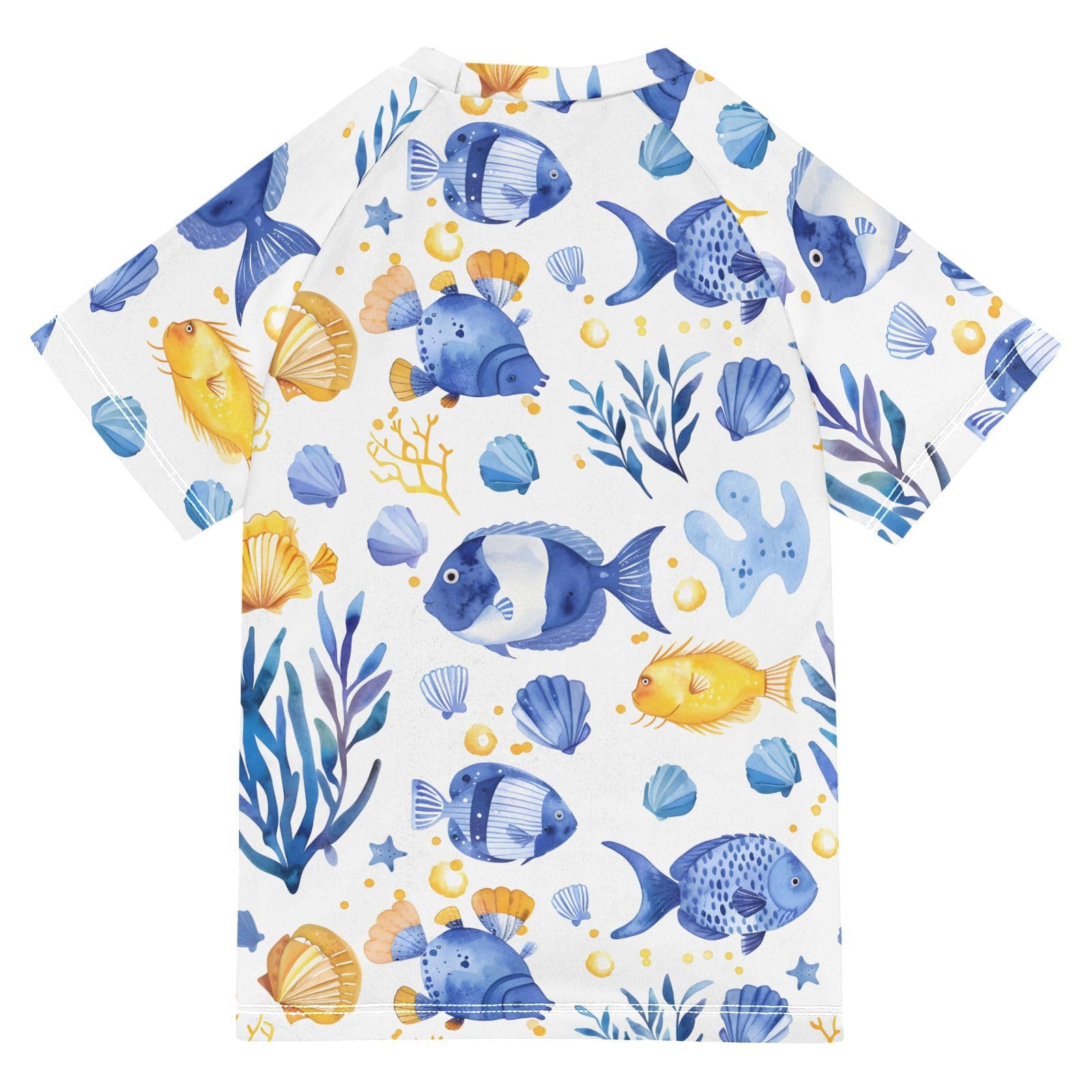 ALAZA Kids Rash Guard Boys Toddler Swim Shirts Short Sleeve Seaweeds Fish Seashells UPF 50+ 3T