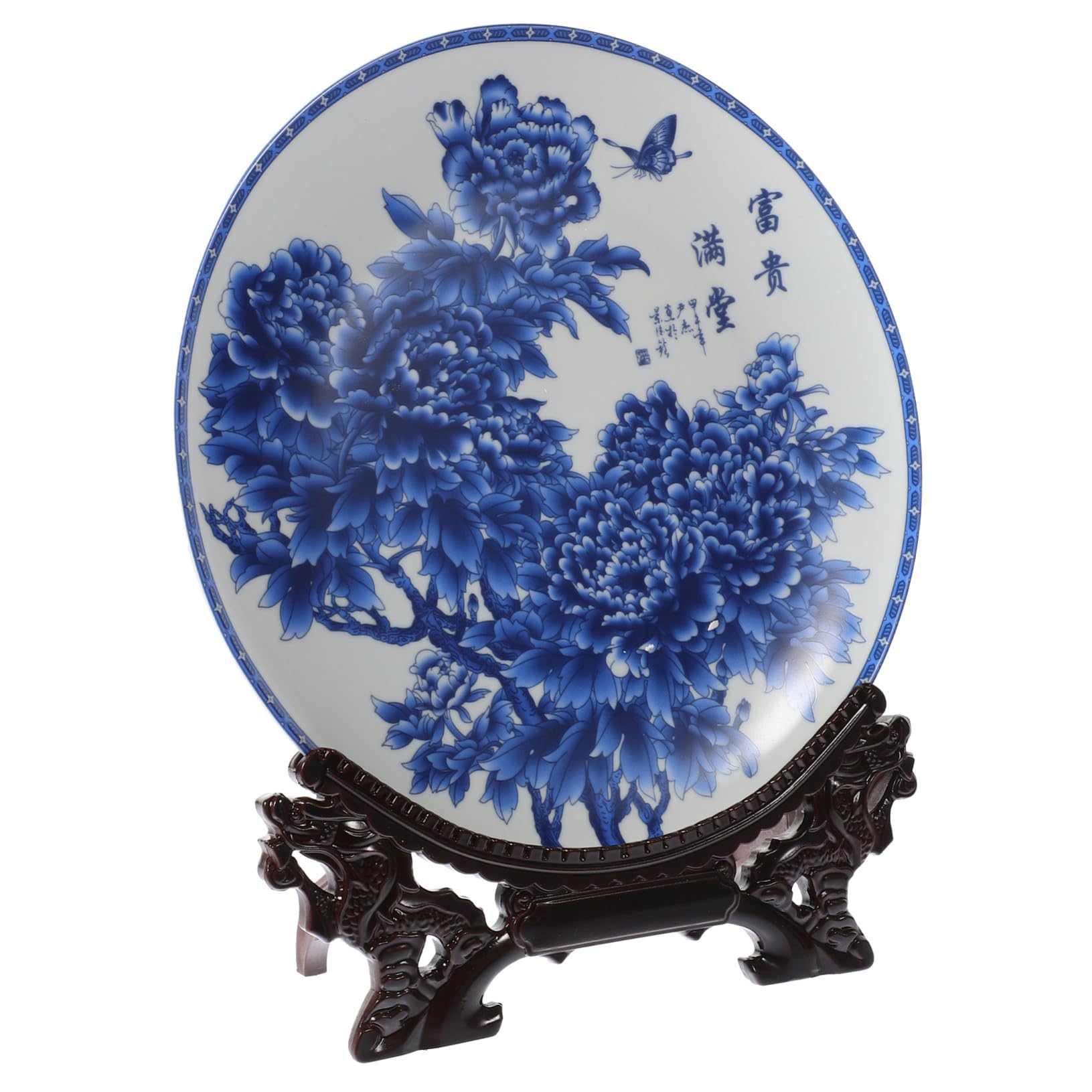 Plato decorativo de cerámica china STOBAZA con soporte de madera para salón