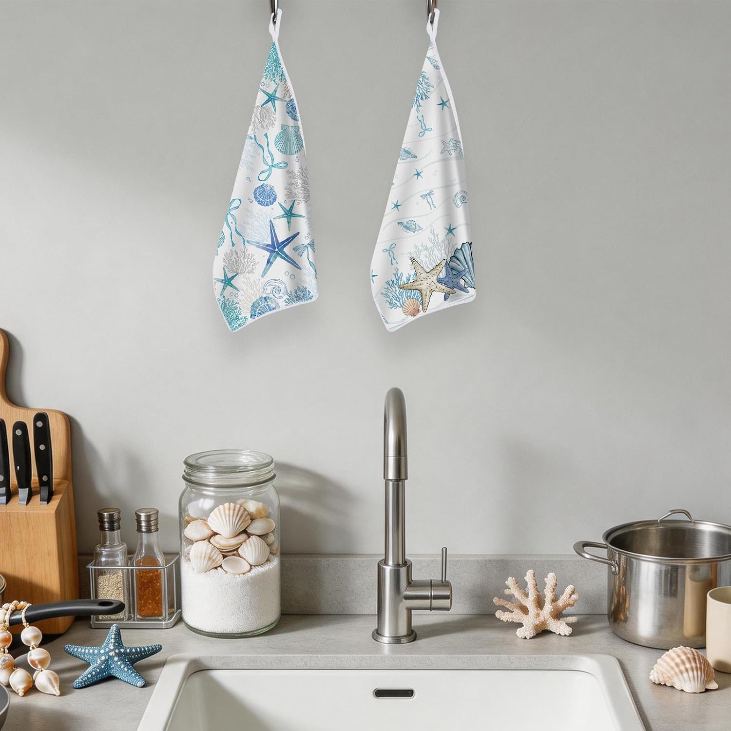 Blue Beach Kitchen Towels Set of 4, 24 x 16 Inches Microfiber Ocean Coastal Dish Towel, Absorbent Starfish Seashell Sea Hand Towels for Summer Tropical Home Decorations Gifts