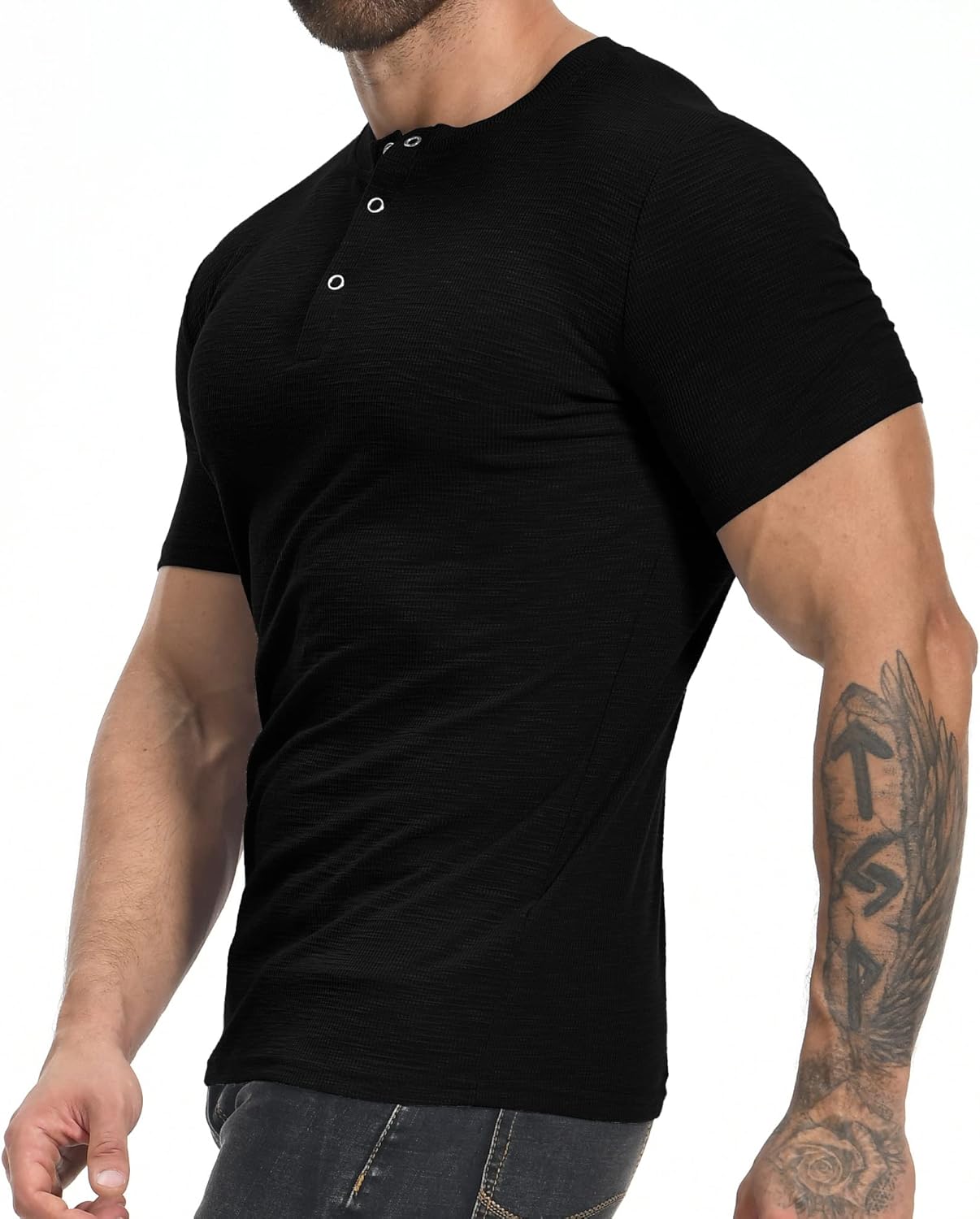 YTD Men's Muscle T Shirts Stretch Short Sleeve Workout Tee Casual Slim Fit Henley Shirt - Image 3
