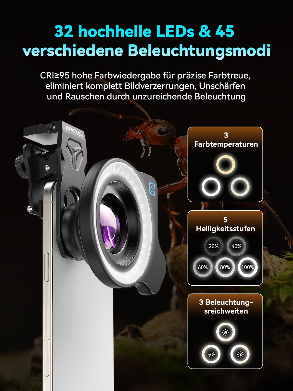 APEXEL 100Ultra Makro Objektiv mit Ringlicht, verbesserte Version des Objektiv für Handy für iPhone, Samsung, Pixel