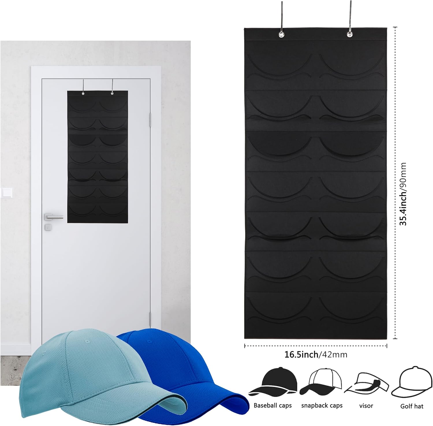 Over the Door Hat Organizer Hat Rack for Baseball Caps 14 Pocket Over Door Hat Rack with Hooks for Wall Closet Baseball Caps Holder for Door Hat Hanger Organizers and Storage Holder
