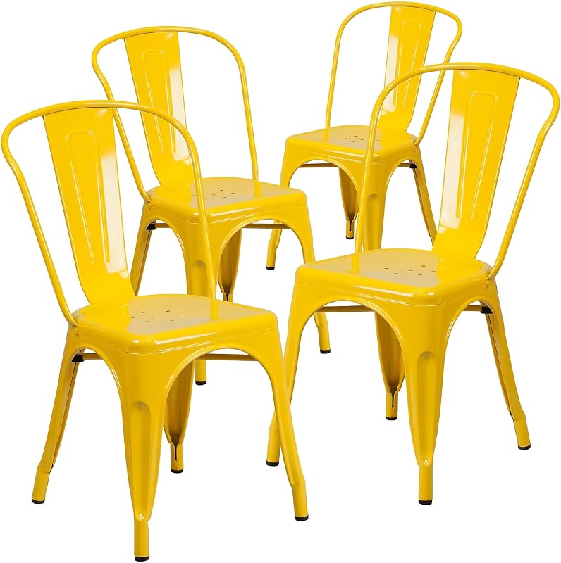Flash Furniture Luke Silla apilable de metal amarillo para interiores y exteriores, grado comercial, paquete de 4
