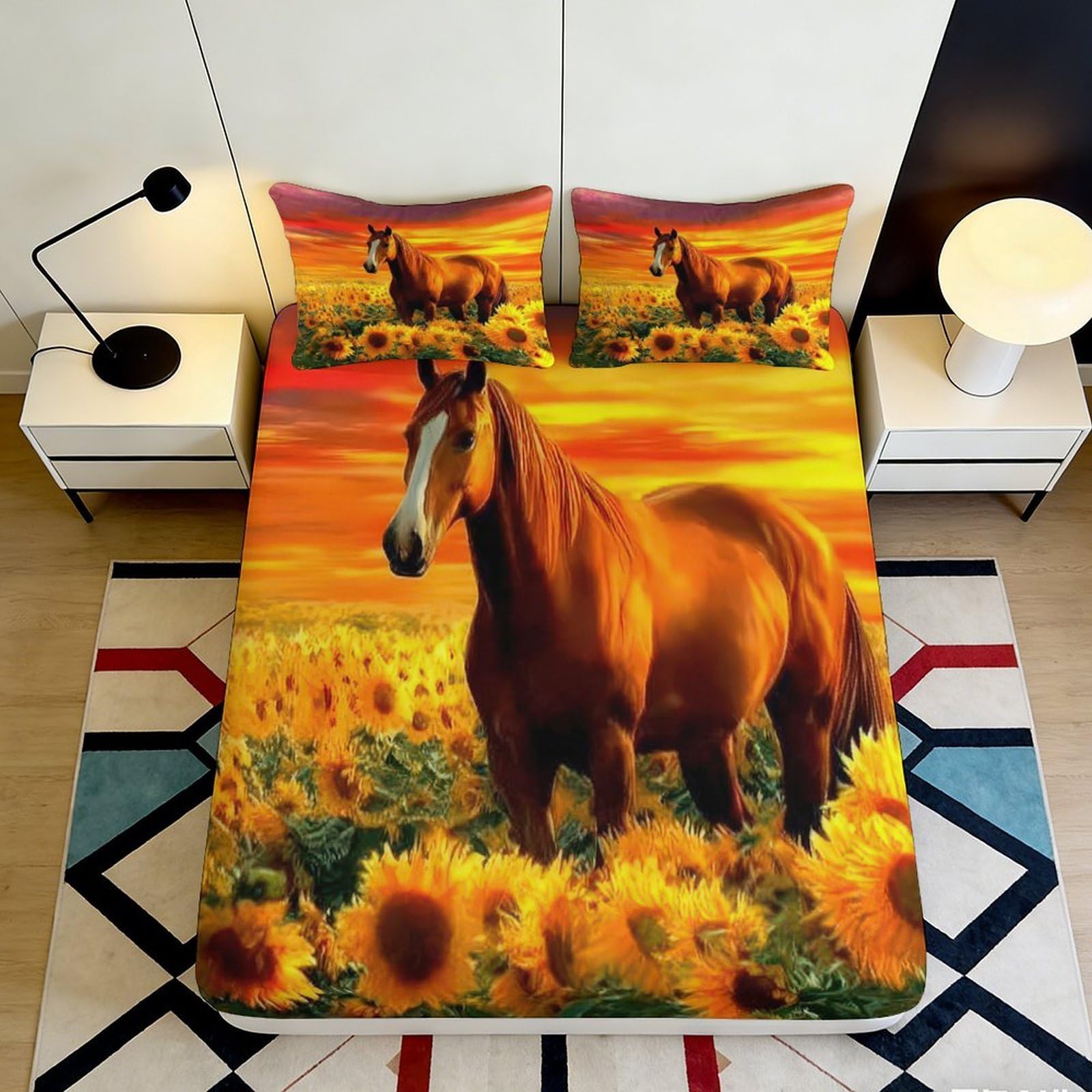 3D Printed Horse Sunflower Fitted Sheet Microfiber Soft Durable Brown Horse Bed Cover for Bedroom Dormitory Guest Room Mattress Protection Decoration 120x200x25cm
