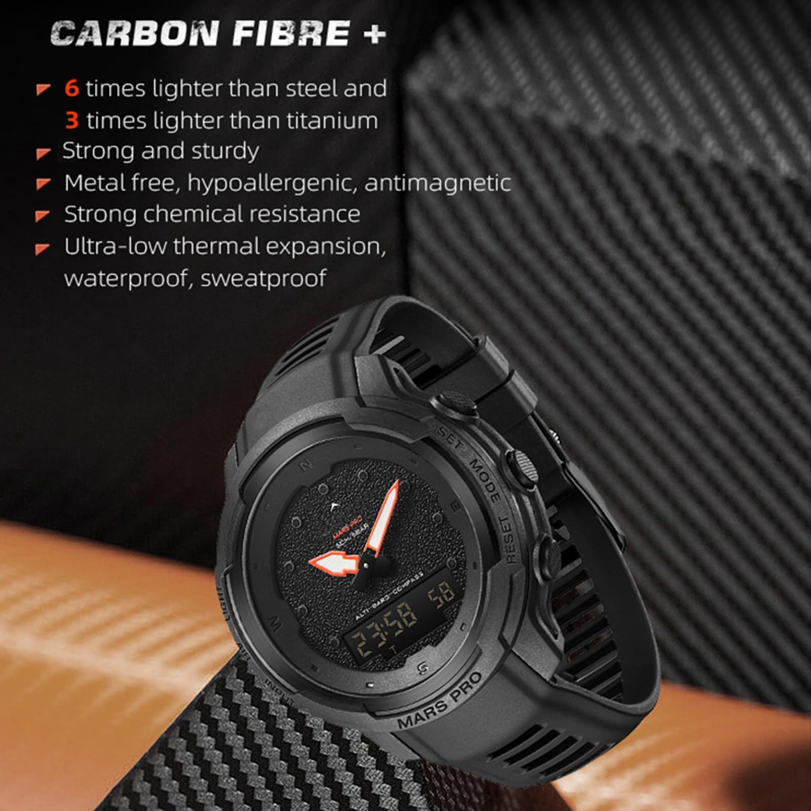 findtime Montre militaire pour homme avec boussole, altimètre, baromètre, fibre de carbone, montre numérique tactique étanche 5 ATM, Noir , lanière