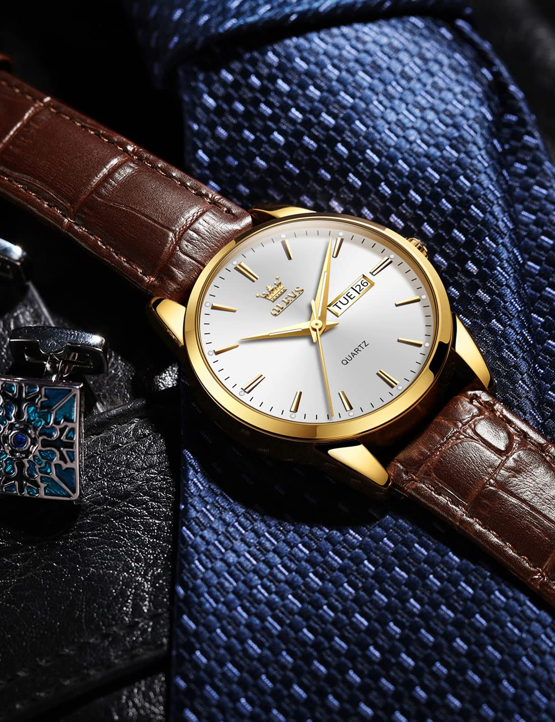 OLEVS Mens Watches, Casual Leather Watches for Men Easy to Read Quartz Number Watch with Date Waterproof Blue/Black/Silver Face Men's Wrist Watches…