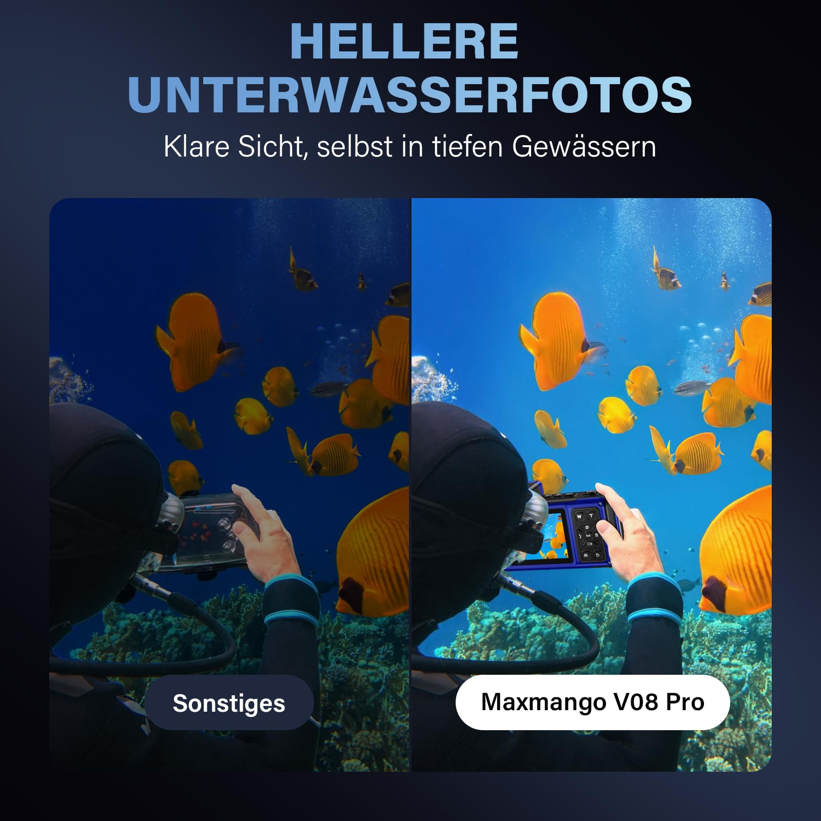 Maxmango V08 Pro 49FT Unterwasserkamera – 8K 90MP WiFi Touchscreen Unterwasserkamera Schnorcheln,2,8 Zoll Dual-Screen,Robust,Staubdicht, Stoßfest Wasserdichte Digitalkamera-64GB Karte&1800mAh Batterie