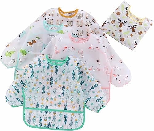 HaimoBurg 5 baberos de manga larga para bebés pequeños impermeables baberos de 3 a 24 meses Azul  Patchwork 5 Count Pack of 1