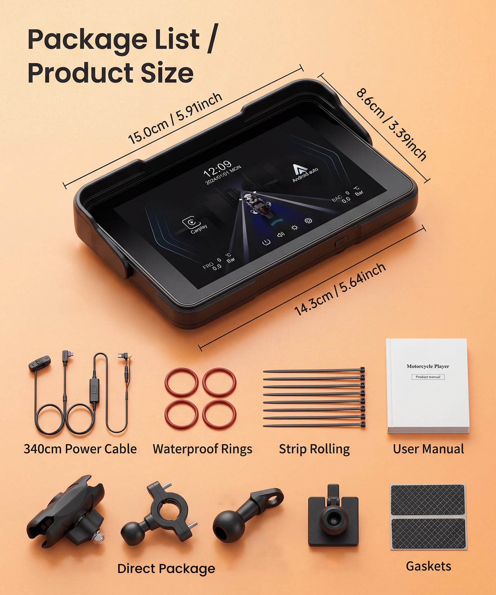 Rimoody 5 Pouces Écran Carplay pour Moto avec Commande au Guidon, Support Amovible, Moniteur sans Fil CarPlay & Android Auto, Radio CarPlay Étanche IP68 Bluetooth/Contrôle de la Pression des pneus