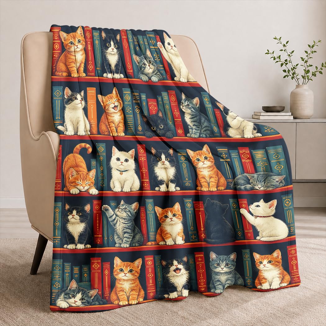 Zomer Morbida coperta in flanella, 150 x 200 cm, stile vintage, libreria, motivo gatti, morbida coperta da lettura, per amanti dei libri, per compleanno, Natale
