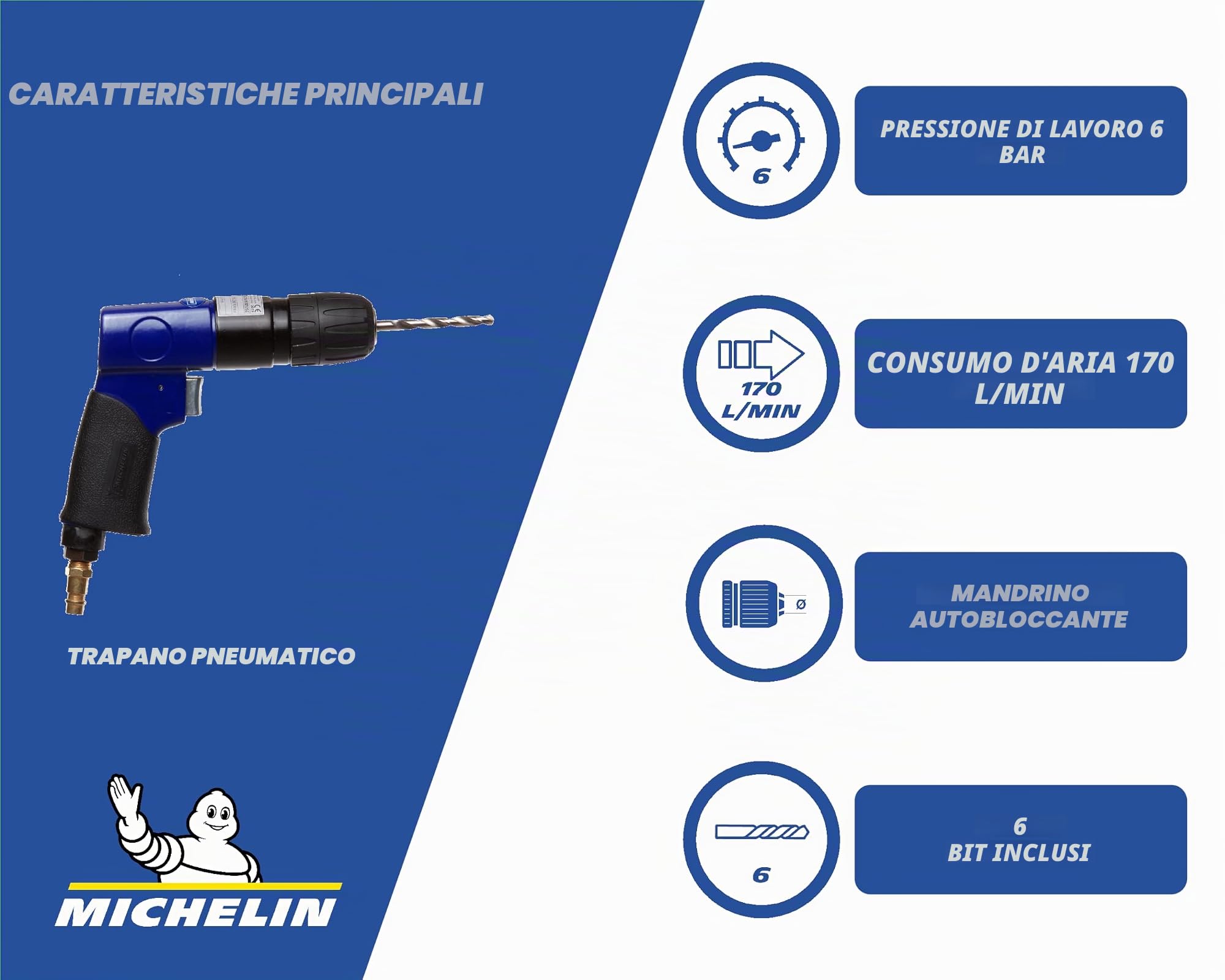 MICHELIN - Set di trapani pneumatici - 10 punte per trapani - 6 punte per cacciaviti - Mandrino autoserrante - Bottiglia d'olio - Consumo d'aria : 170 l/min - Pressione massima : 6 bar