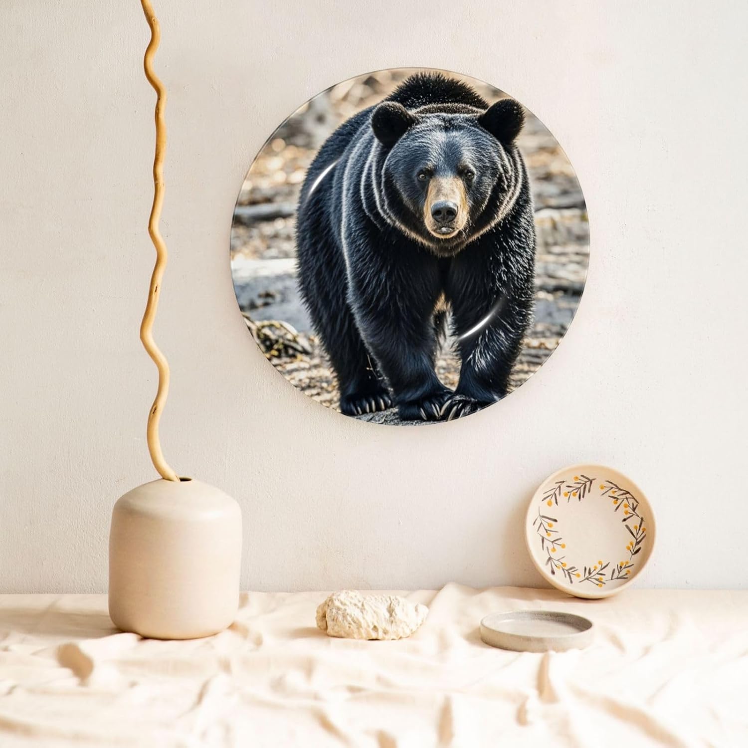 Bone China Decorative Plate with Display black bear Ceramic Plates Crafts Art Decor Dessert Plate Ceramic Ornament Porcelain Plates for Living Room Kitchen Table Home Decor