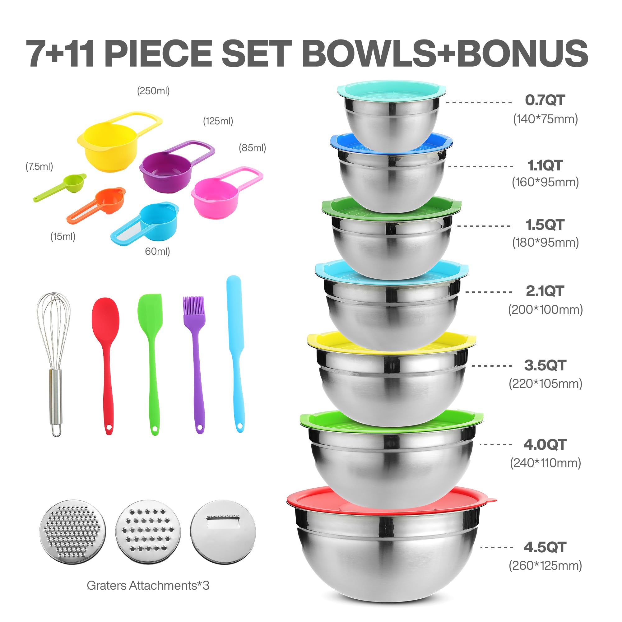 Juego de cuencos para mezclar con tapas, 7 cuencos para hornear, cocinar, preparar y almacenar alimentos, cuencos de acero inoxidable multicolor, incluye tazas medidoras, cuchara, cepillo y otras 11