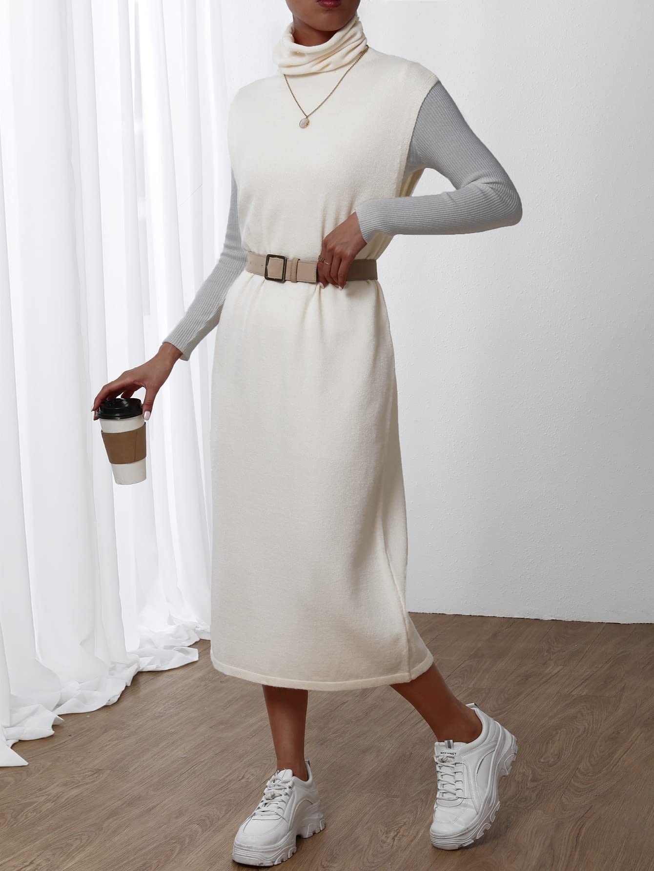 Psampa Turtleneck Sleeveless Sweater Dress Without Belt (Color Beige,  Size S)