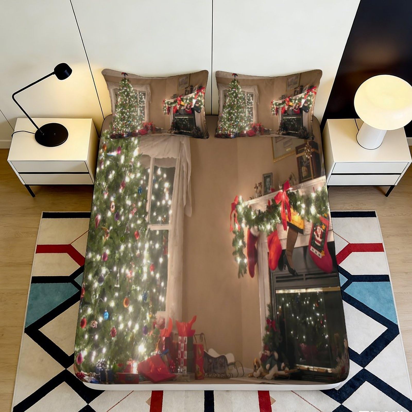 3D Printed Christmas Tree Fitted Sheet Microfiber Festive Fireplace Bed Cover for Bedroom Guest Room Decor 90x200x25cm