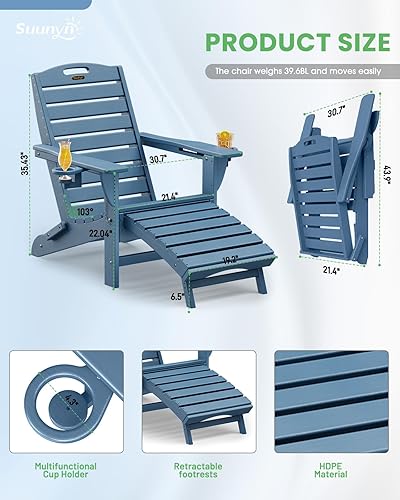 Miniatura 4 de Juego de 2 sillas plegables Adirondack con otomana retráctil, sillas Adirondack de plástico con 2 portavasos, silla de patio resistente a la