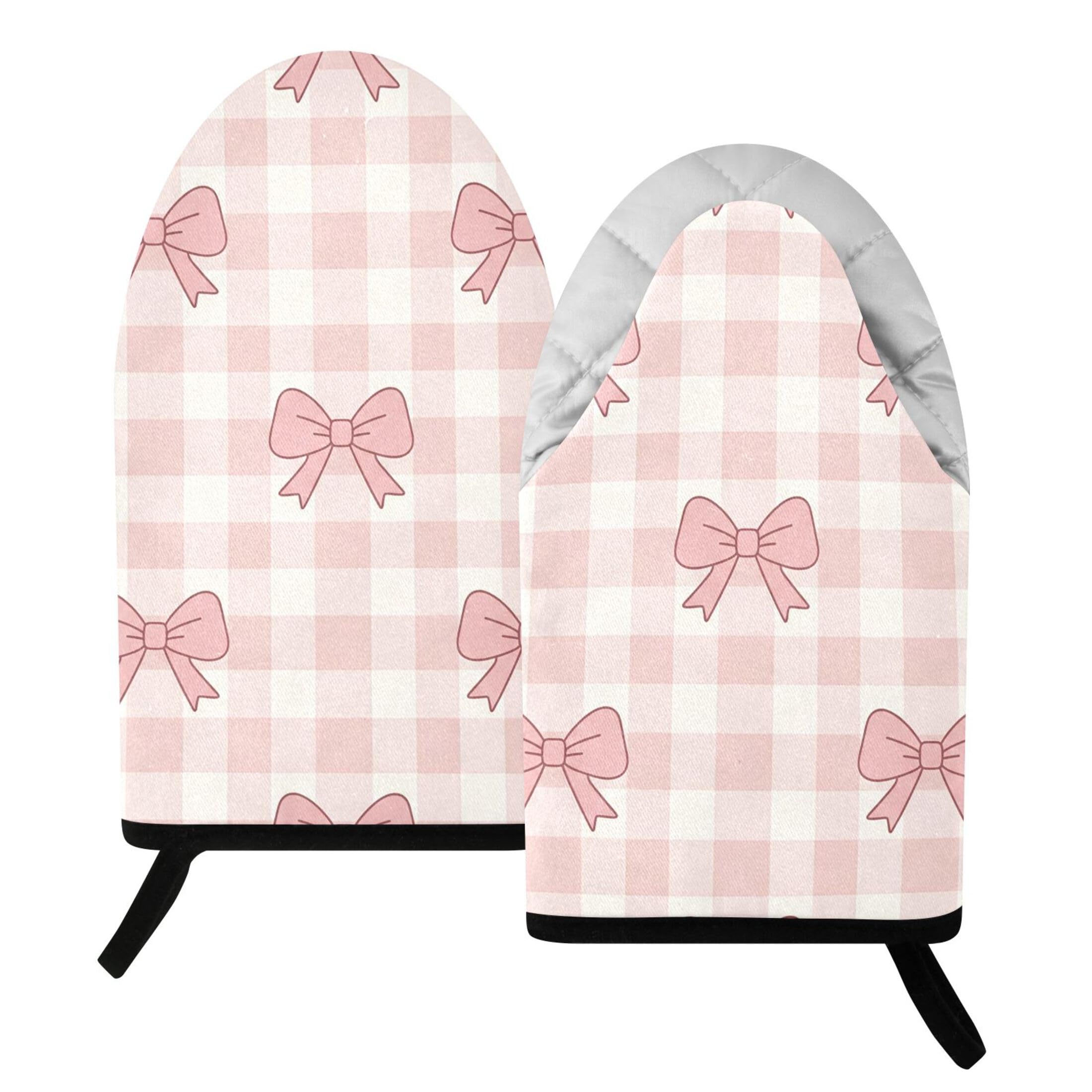 Kutsu Bow Checkered Oven Mitts for Kitchen, Heat Resistant Cotton Oven Gloves for BBQ Baking Cooking, Breathable Kitchen Essentials, 2 pcs