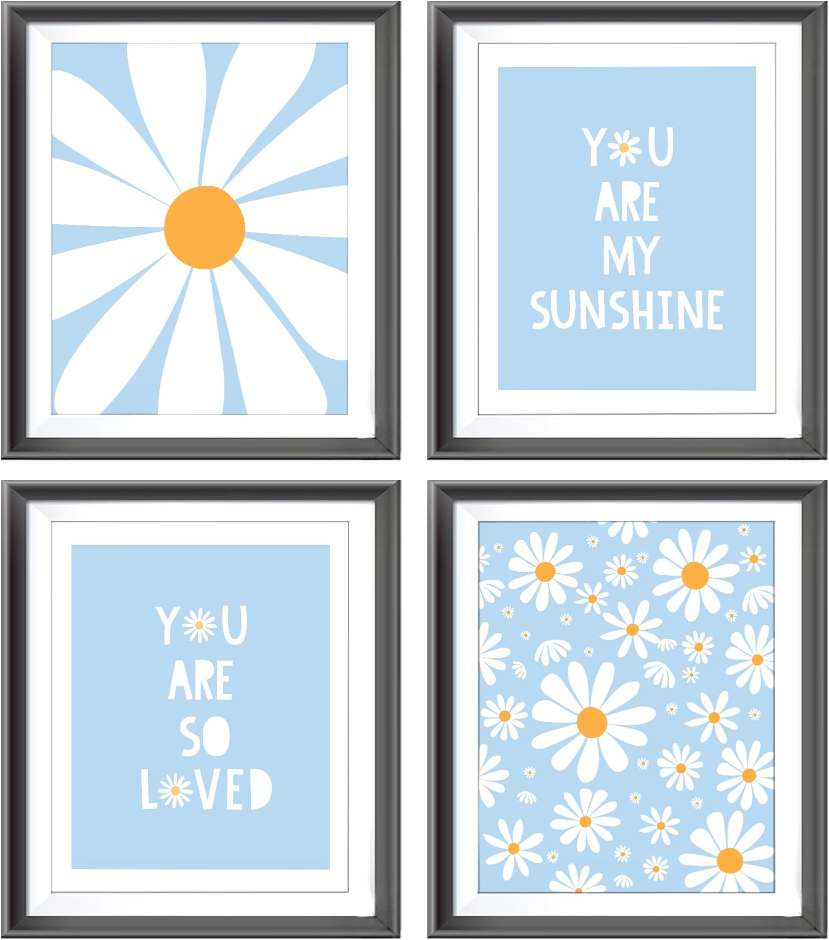 AEHIE Boho Blue Daisy Flower Decor Print, You Are My Sunshine Poster for Baby Girls Room Nursery, Bohemian Wall Art, Spring Aesthetic Floral Wall Art, 4pcs