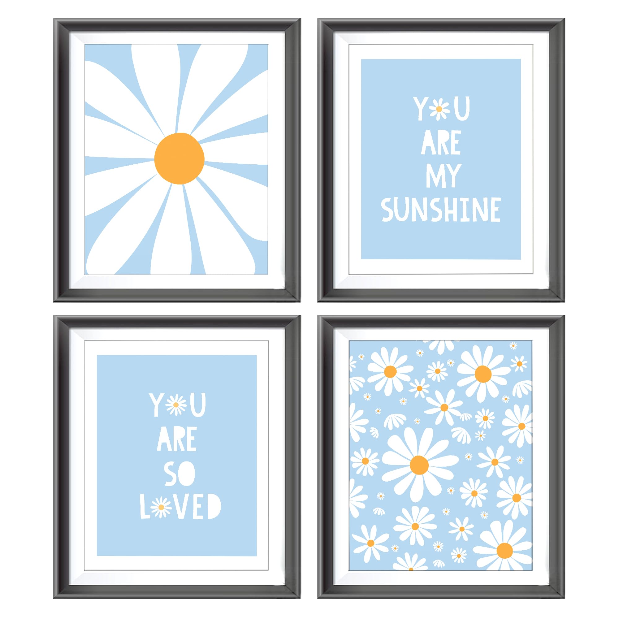 AEHIE Boho Blue Daisy Flower Decor Print, You Are My Sunshine Poster for Baby Girls Room Nursery, Bohemian Wall Art, Spring Aesthetic Floral Wall Art, 4pcs