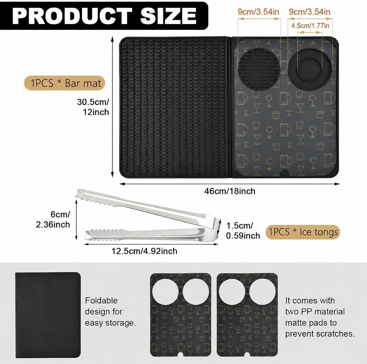 3-in-1 Folding Bar Mat with Cutting Board, 18" x 12" Cocktail Bartending Silicone Drying Mat with Ice Tongs, Non-Slip Bar Accessory for RV, Camping, Home Bar Countertop