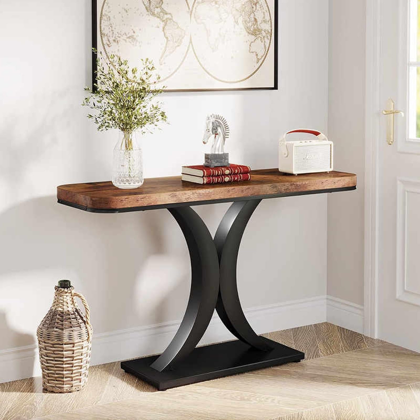 Mueble de recibidor elegante con acabado rústico premium y base geométrica resistente